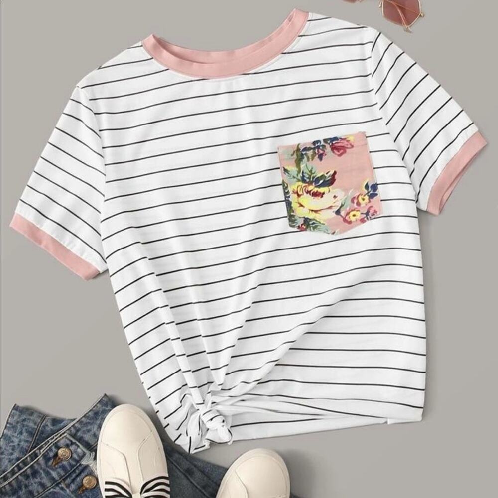 NEW SHEIN White Black Pink Floral Pocket Striped Classic T Tee Shirt Top S
